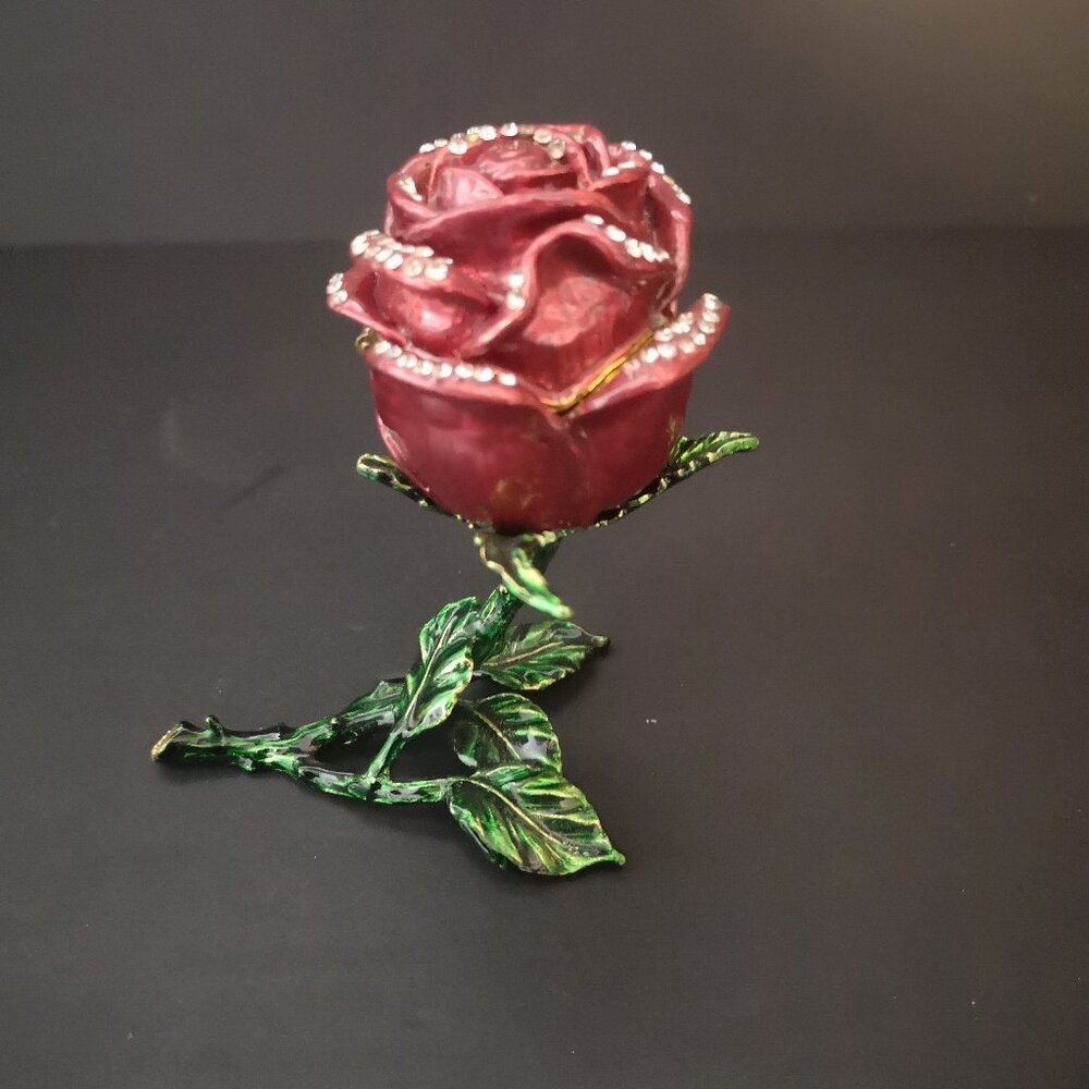 Vintage Enamel Standing Red Rose Trinket Box Encrusted with Rhinestones 4" Tall